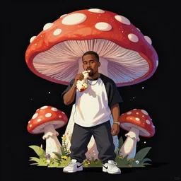 a full body portrait of kanye west taking a bite of a giant psychedelic mushroom, ukio-e style,