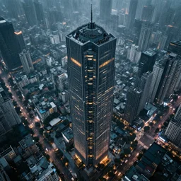 a giant skyscraper amidst a slum, raining, cyberpunk style, photograph from above