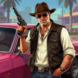 highly detailed old man in car holding gun gta vice city art,, fantasy art by stephen bliss