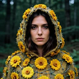 closeup portrait of a woman wearing a hooded cloak made of zinnias and barbed wire, in a dark forest, by David LaChapelle, natural light, detailed face, CANON Eos C300, ƒ1.8, 35mm, 8K, medium-format print