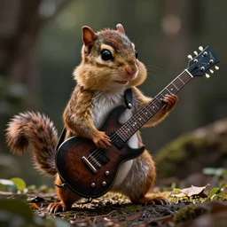 a high detail shot of an  Anthropomorphic chipmunk as a heavy metal guitarist, playing electric guitar, photorealism, volumetric lighting, epic lighting, hd