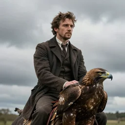 ethan hawke riding a hawk, cloudy, fantasy, realistic