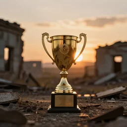 a golden trophy on an abandoned burned civilization, golden hour sunset, cinematic photography, low depth field effect, bokeh, trending on artstation