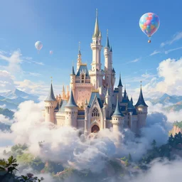 flying cloud castle, buildings, baloons, bright, blue sky, mountains, colorful, cinematic lighting, fantasy, high detail, illustration, masterpiece, artstation, 4 k, art by wylie beckert