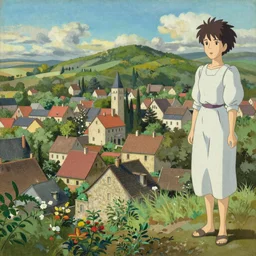 A beautiful landscape painting of a small french village by Alfons Maria Mucha and Julie Dillon and Makoto Shinkai