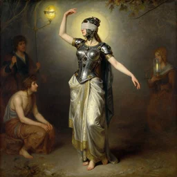 detailed full body of hindu traditional woman blindfolded by high - tech steam punk face armour, girl graceful,, painting by gaston bussiere, craig mullins, j. c. leyendecker, lights, art by ernst haeckel, john william godward, hammershøi,,