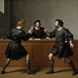three clones of Alex Jones fighting in a courtroom, renaissance painting
