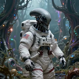 astronaut being held by a mechanical alien. on the background of a weird magical mechanical forest. Intricate. Very detailed 8k. Fantasy cyberpunk horror. Sharp. Cinematic post-processing. Unreal engine. Nanite. Ray tracing. Parallax. Tessellation