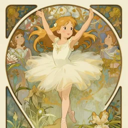 well - lit art nouveau portrait of a 1 3 - year old girl who resembles natalie portman and millie bobby brown with blonde hair as a ballet dancer, natural lighting, path traced, highly detailed, high quality, cartoon, digital painting, by don bluth and ross tran and studio ghibli and alphonse mucha