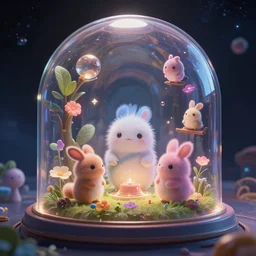imagine a mystical place where all your dreams come true, sealed in a a cryochamber in space with a glass dome, cute creatures, highly detailed, magical, cinematic lighting, cgsociety, raytracing, unreal engine 5, 8 k