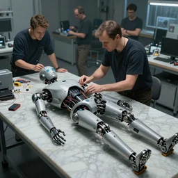 robot repair workshop, in the middle is a marble surface with a robotic humanoid laying there, people fixing the humanoid, art of vitaly bulgarov, cyberpunk tech, ultrarealistic, futuristic, dramatic lighting, electrical details, high details, 4 k, 8 k, best, accurate, trending on artstation, photorealism, digital painting, style of peter mohrbacher, caravaggio