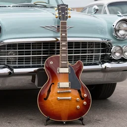 portrait of a gibson es - 3 3 5 guitar 1 9 5 3 cadillac in a pit of fire, nebula, symmetrical, rockabilly, flat digital art, thomas kincaid, chrome,, new art nouveau, mucha, craig mullins, vintage,