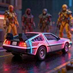 a 2 8 mm closeup photo of a tela tron neon delorean back to the future car on wet city street at night, intricate, hyper detailed, smooth, high contrast, neon, volumetric lighting, octane, moebius, greg rutkowski, blade runner, ripley scott, mad max, cindmatic