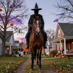 the headless horseman, photorealistic, colorful, wide angle portrait, halloween