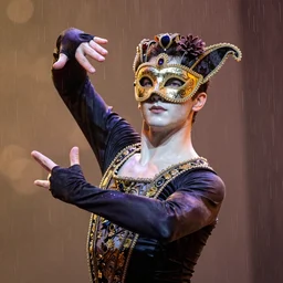 portrait of a male dancer with a beautiful porcelain face dressed in a venecian mask, gloves on action hands, rain, bokeh, cinematic light and reflections, beautiful dreamy lighting, ernst haeckel, annie leibovitz, zbrush,