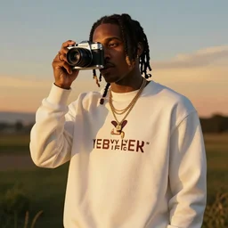 A photoshoot of a Yeezy x Golf Le Fleur collaborative clothing brand starring Playboi Carti, vintage camera, dreamy, atmospheric, golden hour, cinematic lighting, 8K concept art