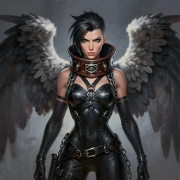 full body artwork of tracer overwatch wearing leather collar, angel wings, dramatic painting, symmetrical composition, wearing detailed leather collar, black shiny armor, chains, black harness, detailed face and eyes,