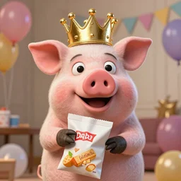 pig at a party wearing a gold crowns as a Muppet holding a snack bag 8k