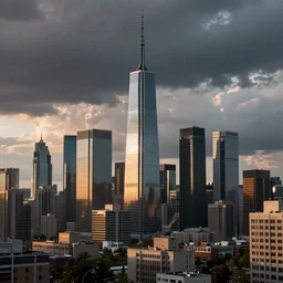 a city skyline, in the style of douglas trumbull, blade runner, cyberpunk, modernism