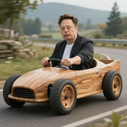 Elon Musk is driving a wooden car, 4k, Unreal 5, Octane render, Hyperrealistic, Exquisite detail