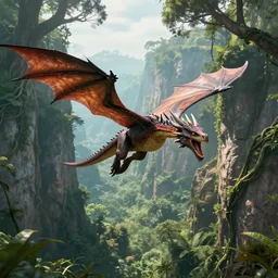 a feather dragon with wings spread out and an open mouth flying over high cliffs and jungles with large trees and vines, fantasy, 8k, realistic