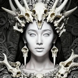absurdly beautiful young thai woman with symmetrical white makeup, wearing an intricate headdress made from bones, wearing large earrings made from white bones, hyperdetailed illustration by irakli nadar and alexandre ferra, intricate linework, in the style of a national geographic portrait, unreal engine 5 highly rendered, global illumination, radiant light, detailed and intricate environment