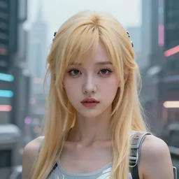panorama of a pretty blond cyberpunk seraphim in a machine city, perfect symmetrical face, cute face, 8 k, shallow depth of field, 8 k, ultra high detail, concept art, w 1 0 2 4