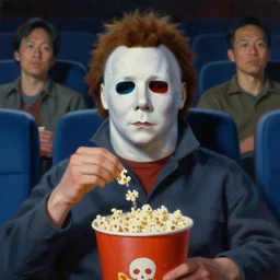 painting of Michael Myers wearing 3D goggles sitting in a row of movie theater seats eating popcorn, sharp focus, face focused, trending on ArtStation, masterpiece, by Greg Rutkowski, by Ross Tran, by Fenghua Zhong, octane, soft render, oil on canvas, moody lighting, high contrast, cinematic, professional environmental concept art