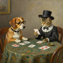 An oil painting of a dog and cat dressed as people, sitting at a table playing cards