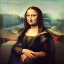 a portrait of bob dill nutz painted by leonardo da vinci. peter griffin in the painting is shown seated with his hands folded in his lap. he is wearing a simple dress with a pattern of flowers. his hair is pulled back from his face and he has a small, faint smile. the background of the painting is a landscape of rolling hills and mountains. the sky is a light blue, and there are small clouds in the distance,