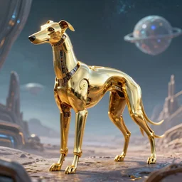 golden robot greyhound, sci fi, alien planet,