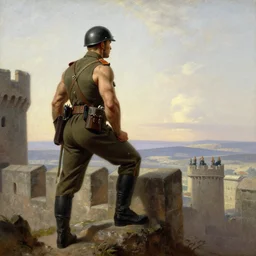 muscular, rugged german soldier watches the horizon from on top of a castle wall, painting by gaston bussiere, craig mullins, j. c. leyendecker