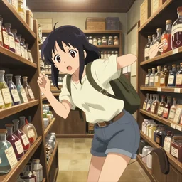 anime frames, portrait of a young female traveler in a alchemist's potion shop interior shopping, cute face by yoh yoshinari, makoto shinkai, dynamic perspective pose, detailed, lomography, hdr, murata range