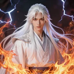 beautiful male necromancer with fire and thunder magic, long white hair, attarctive pretty face, anime key visual, highly detailed, sharp focus, concept art, league of legends, style by shumolly and monable and artgerm and greg rutkowski and jo chen and pilyeon and ruan jia