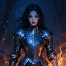 a beautiful woman dark hair in an armor with dark eyes, elegant, dark blue, ethereal horror fantasy art by greg rutkowski and magali villeneuve and claude monet, fire and sparkles