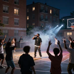 3 d render an old school hip - hop concert taking place on a basketball court behind a large brick apartment at night from the view of a rapper is standing on stage yelling into the mic, many people dancing with their hands in the air, a, a dj with audio equipment at the back of the stage, photorealistic, unreal engine, foggy, light streaks