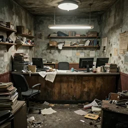 ! dream an messy booking office with nobody there, chaos, apocalypstic vibe, artstation, mixed media, hyper detailed, phtotrealistic,