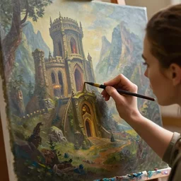 a closeup photorealistic photograph of kate beckinsale working on a canvas painting of fantasy dungeon. film still. brightly lit scene. mountains and trees. this 4 k hd image is trending on artstation, featured on behance, well - rendered, extra crisp, features intricate detail, epic composition and the style of unreal engine.
