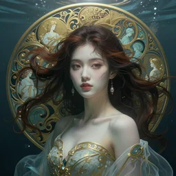 an underwater photographic beauty portrait of jingna zhang, cinematic, volumetric lighting, fantasy, intricate, elegant, highly detailed, digital painting, artstation, concept art, smooth, sharp focus, illustration, art by ayami kojima, artgerm and h r giger and alphonse mucha