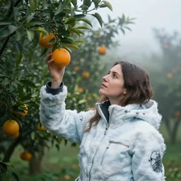 a closeup portrait of a woman wearing a ski suit made of clouds and metal scraps, picking oranges from a tree in an orchard, foggy, moody, photograph, by vincent desiderio, canon eos c 3 0 0, ƒ 1. 8, 3 5 mm, 8 k, medium - format print