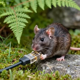 photo, smiling! human like rat with girl face chewing! thick internet cable!! in the ferns, grass and rocks, highly detailed