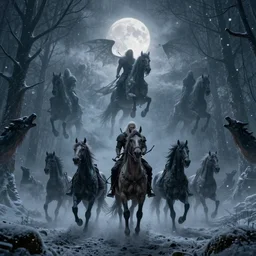 the wild hunt, otherworldly spectres riding in the sky, wraiths of morhogg, undead horses, bad omen, enchanted forest, blizzard storm, fog, full moon, twilight, snowy environment, howls in the night, in the style of the witcher series, hyperrealism, atmospheric, cinematic, breathtaking, award winning, groundbreaking, octane render, unreal 5, intricate digital art, sharp focus, 8 k hires