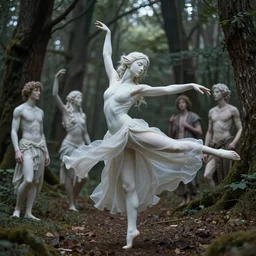 masterpiece ephemeral elven girl dancing in the woods, composition by anastasiya dobrovolskaya, donato giancola, karol bak, tom bagshaw, face by artgerm and edmund leighton, background by james jean and noah bradley, majestic, volumetric lighting, porcelain skin, photorealistic, intricate, trending on artstation 8 k