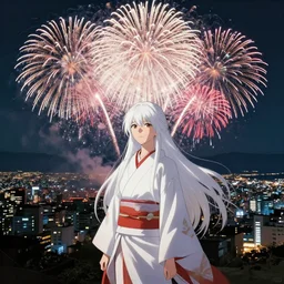 firework festival in taisho kyoto, white long hair goddess, by kyoto animation, insanely detailed. instagram photo, kodak portra. by wlop, ilya kuvshinov, krenz cushart, greg rutkowski, pixiv. zbrush sculpt, octane, maya, houdini, vfx. huge cityscape. cinematic dramatic atmosphere, sharp focus, volumetric lighting