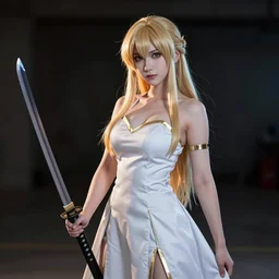 dslr photo of beautiful erza scarlet wearing a elegant dress, with real looking skin, standing holding a katana that is very detailed, portrait photo, real photo, real camera, extreme detailed face and body, high quality, moody lighting, fast paced lines, sharp quality, enchanting lighting, 8 k