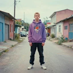 still from music video of hunter schafer from die antwoord standing in a township street, wearing a hoodie, street clothes, full figure portrait painting by martine johanna, earl norem, wadim kashin, pastel color palette, 2 4 mm lens