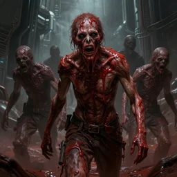 concept art by greg rutkowski, infected people with a kind of reddish silt oozing from their bodies, looking rabid, in a claustrophobic, futuristic and brutalist environment, frightening and creepy atmosphere, scifi, highly detailed portrait, digital painting, artstation, concept art, smooth, sharp foccus ilustration, artstation hq