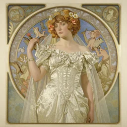 an art nouveau painting of a girl resembling alicia vikander or millie bobby brown in a wedding dress, highly detailed, intricate, artstation, by donato giancola