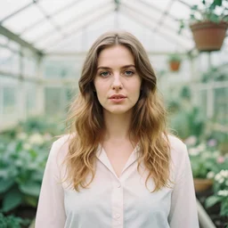 portrait photograph of a woman inside a greenhouse by nina masic. pastel colors. Portra 400 film. Mamiya 7. highly detailed