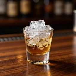 whiskey shot glass full of whiskey and shaved ice on a shiny wood bar, depth of field, bokeh, dynamic lighting